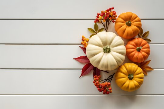 Autumn pumpkins and colorful fall foliage arranged against a white plank wall