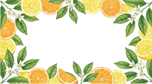 Watercolor citrus frame with lemons, oranges, and flowers isolated on transparent background