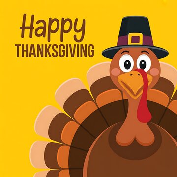 Happy thanksgiving greeting with a cute cartoon turkey wearing a pilgrim hat