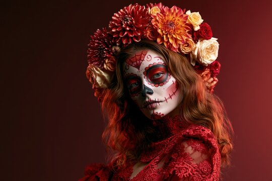 Dia de los Muertos Portrait with Floral Headdress and Skull Makeup