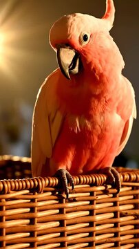 A beautiful pink cockatoo perches on a wicker basket, bathed in warm light.