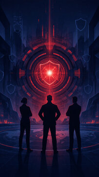 Security Team Silhouettes Facing Alert Core Conceptual Technology Illustration