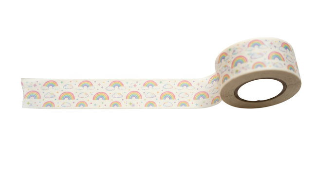 Roll of decorative washi tape with rainbow and cloud pattern isolated on transparent background