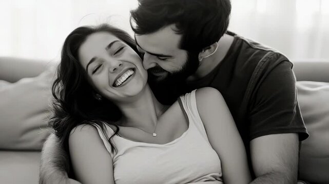 Happy Couple Laughing and Cuddling in Black and White