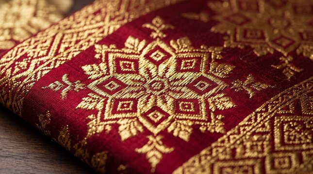 Authentic Red and Gold Palembang Songket Woven Textile Texture