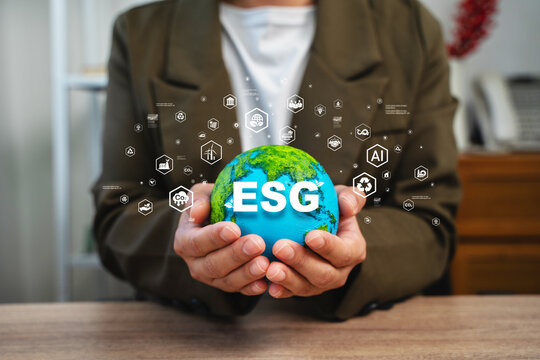 The ESG concept encompasses environmental, social, and governance aspects in sustainable and ethical business practices, along with environmental symbols to help keep the environment clean.
