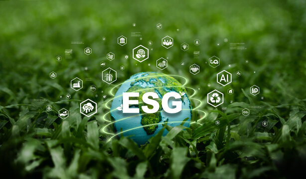 The ESG concept encompasses environmental, social, and governance aspects in sustainable and ethical business practices, along with environmental symbols to help keep the environment clean.
