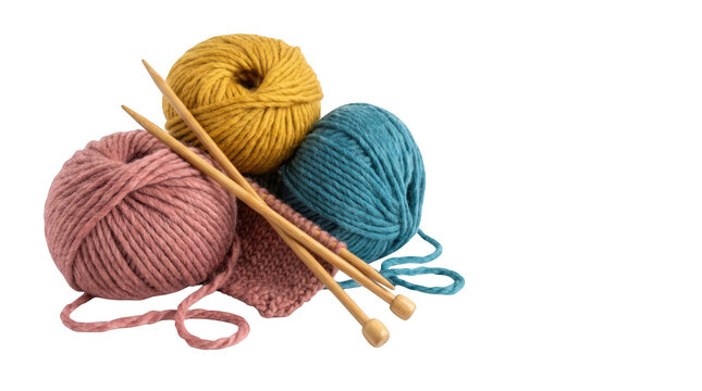 Three balls of yarn with knitting needles isolated on transparent background