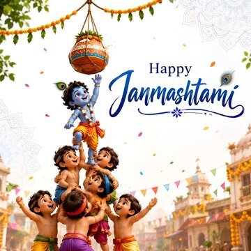 Happy janmashtami human pyramid dahi handi celebration with children and baby krishna reaching for pot hindu festival religious holiday deity idol