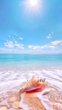 Large conch shell on sandy beach with ocean waves. Tropical shoreline under bright sun with vertical video composition.