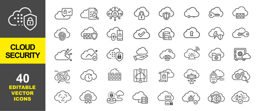 Cloud Security and Data Protection Vector Line Icon Set. Featuring concepts for network firewalls, biometric authentication, digital encryption, and secure server storage