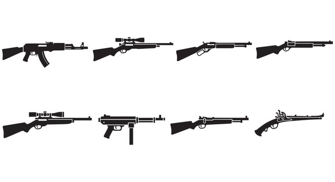 Assortment Of Firearms Silhouettes On A White Background ak47 assault