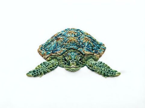 Sea turtle with textured shell in shades of teal and gold, featuring