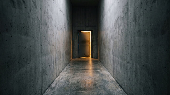 Abstract concrete corridor with an open door slightly out of alignment letting bright warm light shine inside