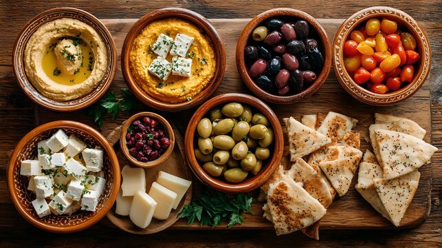 A delicious spread of Mediterranean appetizers, featuring creamy hummus, olives, feta cheese, and warm pita bread, perfect for sharing