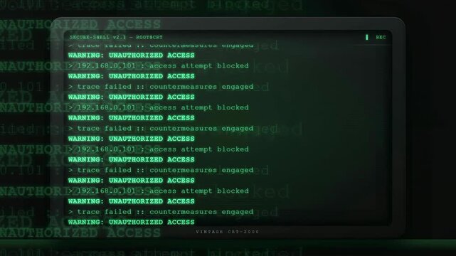 Digital security alert screen showing unauthorized access warnings and system block messages in green text