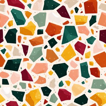 A vibrant and colorful terrazzo pattern with irregular shapes in shades of red, orange, yellow, green, and pink, set against a cream background