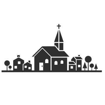 Black and white illustration of a church with steeple and congregation.