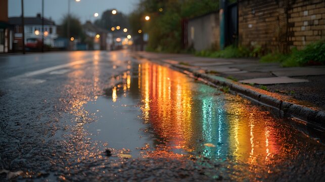 Reflections of streetlights and buildings shimmer in a puddle on a wet asphalt road after a rainfall, creating a vibrant and colorful urban scene