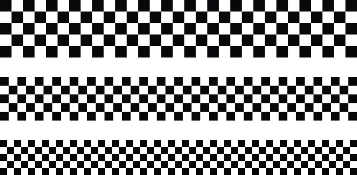 Checkered pattern racing border icon set. Motorsport finish line banner speed symbol. Competition track start finish line pattern