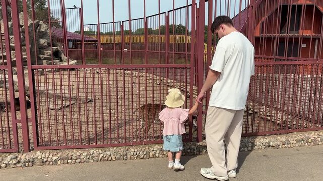 Father showing his young daughter a baby goat through a zoo cage, family bonding, animal education, childhood curiosity, petting zoo visit.