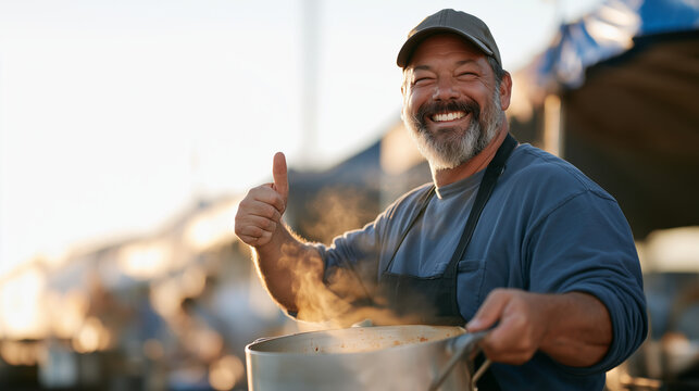 Smiling Chef Giving Thumbs Up Holding Steaming Pot at World Championship Chili Cook-off Event