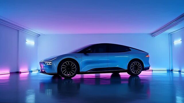 Futuristic Electric Hypercar Rotating Slowly in a Neon-Lit Showroom, Showcasing Sleek Design and Advanced Technology.