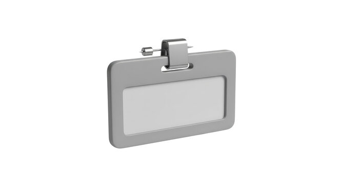 A simple grey rectangular ID badge holder with a metal clip, isolated on a white background, perfect for identification and access control purposes