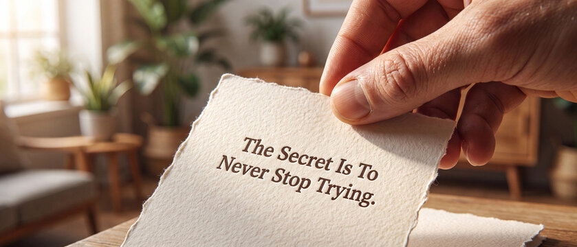 A hand holding a piece of textured paper with the inspirational quote the secret is to never stop trying written on it