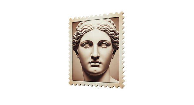Elegant 3D Rendered Postage Stamp Featuring a Classical Bust of an Idealized Female Figure, Evoking Ancient Greek Art and Timeless Beauty with Serene Expression