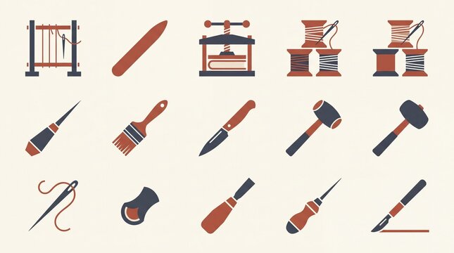 Leathercraft tools icon set, flat vector illustration of traditional leather working equipment, isolated on a light background, for craft and hobby designs