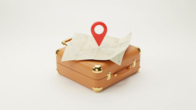 Brown vintage suitcase with map and location pin symbolizing travel adventure and exploration