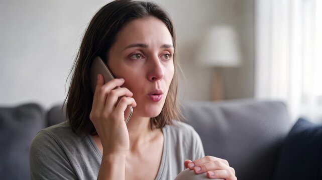 Upset woman talking on smartphone in living room. Sad female having difficult phone conversation. Close-up shot with subtle camera panning.