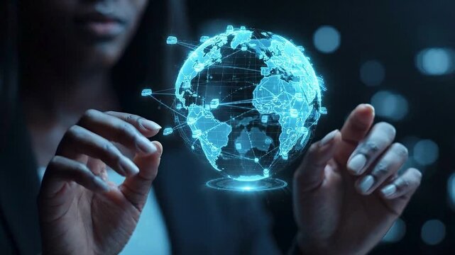 Businesswoman interacting with a glowing digital holographic globe symbolizing global connectivity and network technology