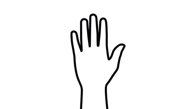 A simple black and white outline illustration of a human hand held up with fingers spread, often used as a gesture of stop or hello.