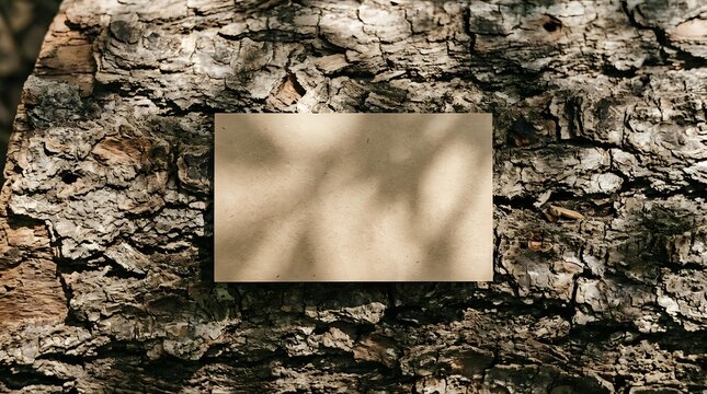 Blank beige paper sheet on textured tree bark surface with natural