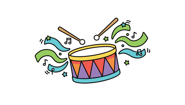 A colorful cartoon drum with drumsticks, surrounded by musical notes and stylized motion swooshes, perfect for music-related themes.