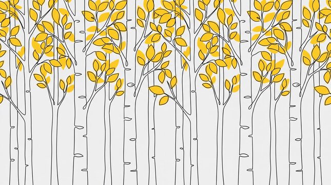 Minimalist autumn birch tree line art vector pattern with yellow leaves