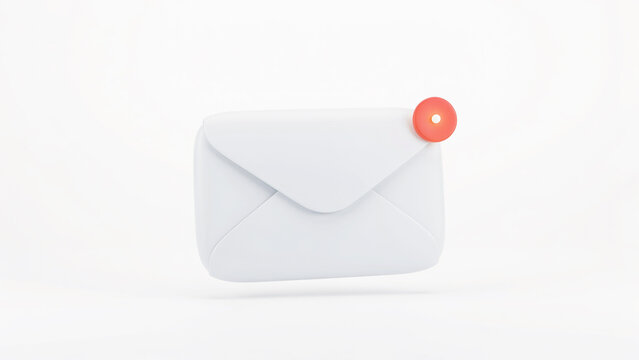 Minimalist white envelope icon with small red circular notification mark on top corner transparent background