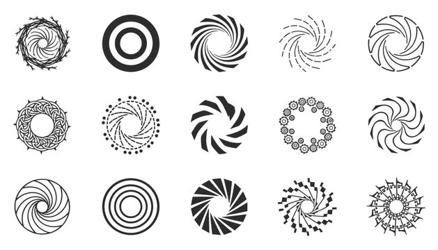 Set of abstract circular swirl and spiral patterns for graphic design, logo backgrounds, and creative decorative ornament projects.
