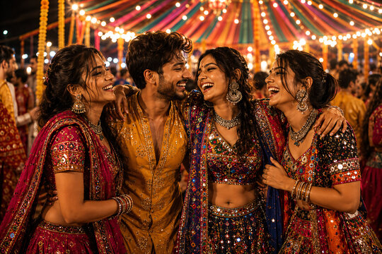 Group of friends celebrating Garba dance in traditional attire under colorful festive lights