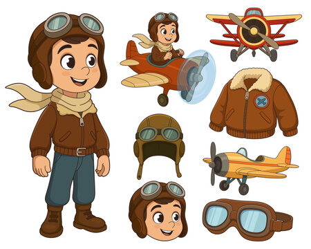 Cartoon pilot character set with vintage airplane and flight gear illustration
