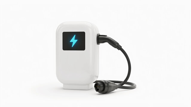 Modern electric vehicle charging unit with digital display and lightning bolt symbol connected by cable