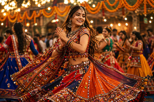 Navratri Garba celebration with women dancing in traditional attire amid festive lights