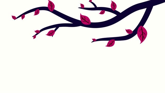 Tree branch with magenta leaves growing on transparent background. Decorative floral element overlay animation.
