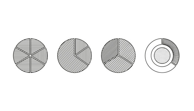 Set of four different circular pie charts with varying segment distributions and artistic line shading on a plain white field.
