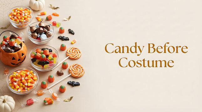 Assorted colorful candies displayed before halloween costume