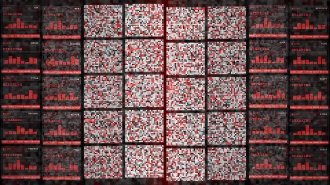 Abstract digital data visualization with red and white glitching screens and scrolling information grids