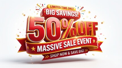 Obraz premium 3D 50 Percent Off Massive Sale Event Banner Design with Big Savings and Limited Time Only Promotional Lettering for E-Commerce Shopping Deals