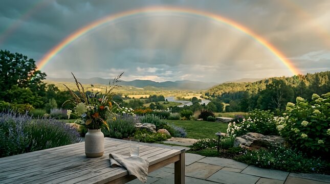 Rainbow Arching Over Curated Natural Environment With Table Setting